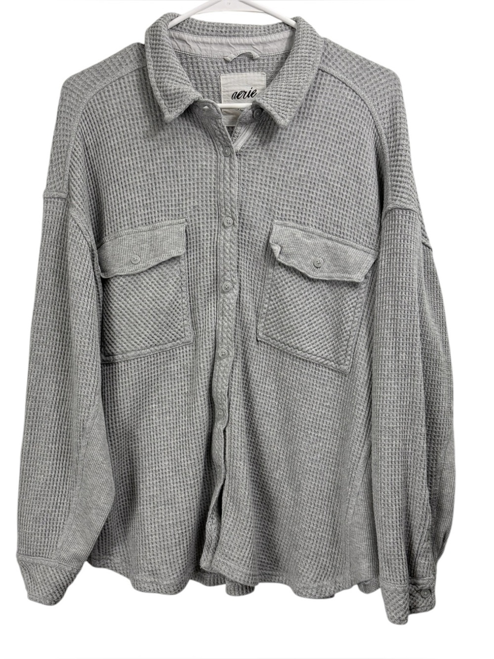 Aerie Thermal Waffle Knit Button Down Shirt Size Large Gray Oversized Shacket